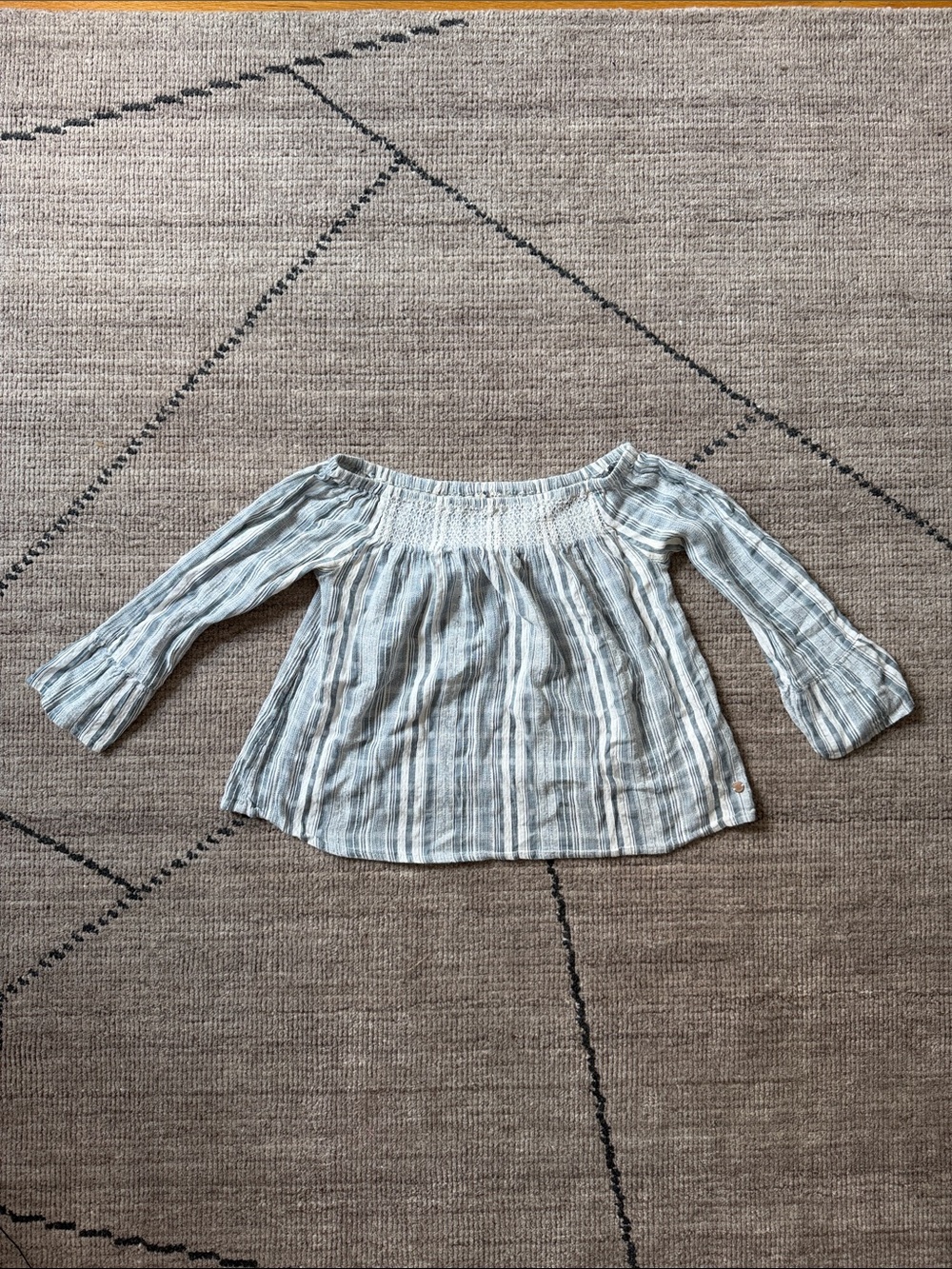 Roxy Light Blue & White Off-Shoulder Striped Peasant Top, 3/4 Sleeve
